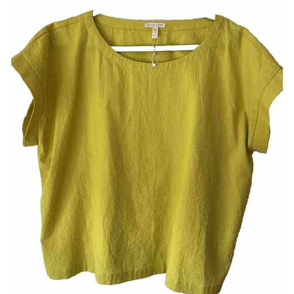 EILEEN FISHER Short Sleeve Bateau Boxy TOP Size XL Yellow Organic LINEN NEW $138 - Picture 2 of 3